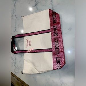 NWT Victoria’s Secret natural canvas tote pink glitter handles crossbody ability